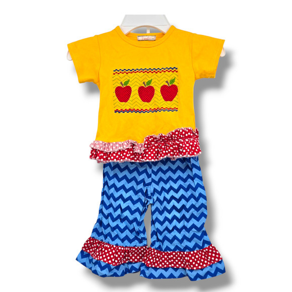 Toodles Vintage Baby Girl School Ruffle‎ Apples Chevron Outfit Yellow Blue 12M - Picture 1 of 7